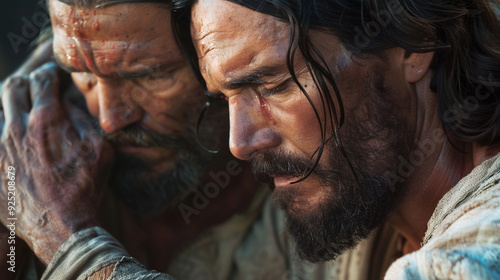 Wallpaper Mural Close-up of Jesus comforting a man in tears, his hand on the manâs back as the man leans in for solace Torontodigital.ca