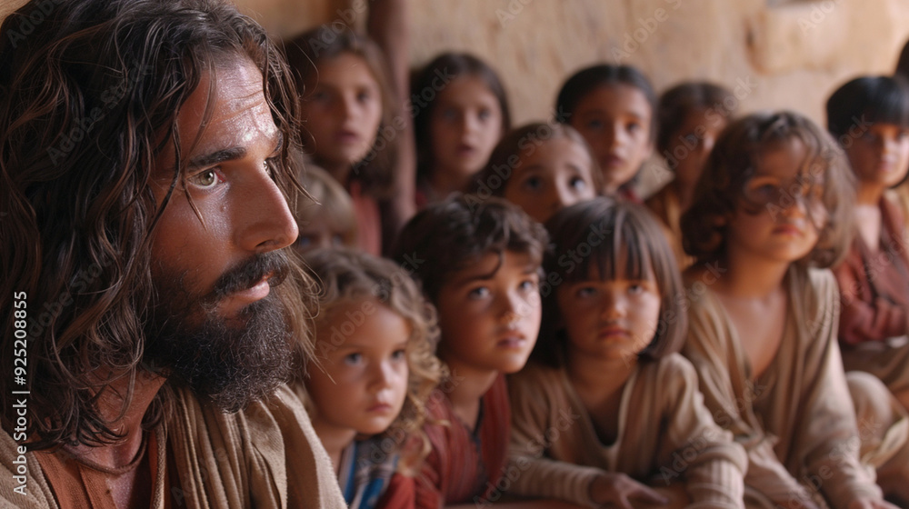Close-up of Jesus teaching a group of children, their eyes wide with wonder as they listen intently to his words Close-up of Jesus teaching a group of children, their eyes wide with wonder as they listen intently to his words