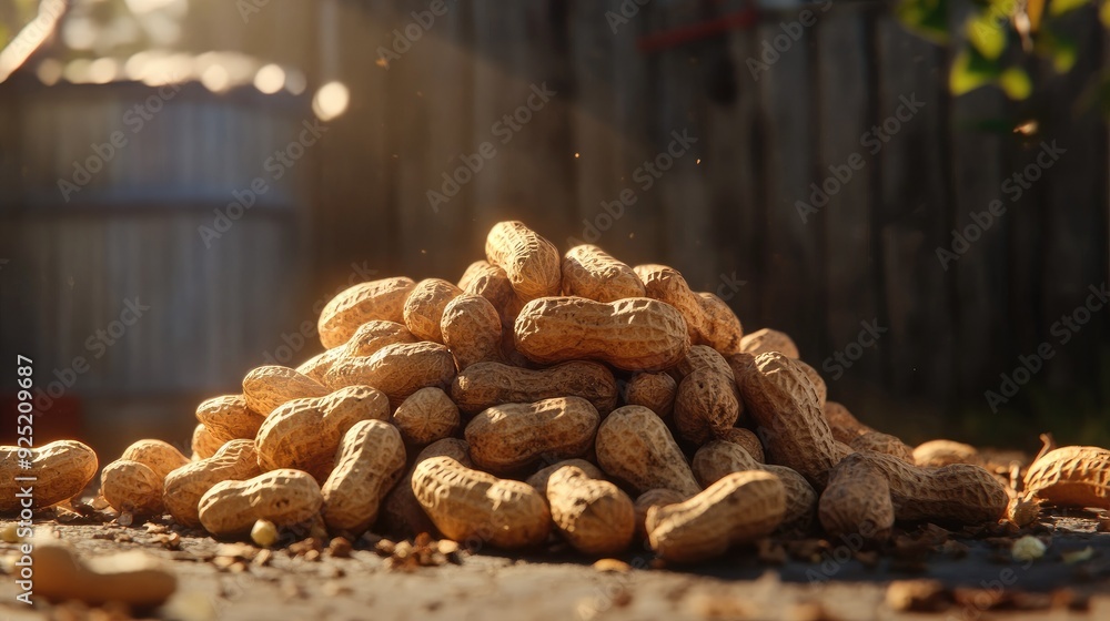 A heap of peanuts with one nut conspicuously missing, emphasizing the rustic, organic feel of the scene A heap of peanuts with one nut conspicuously missing, emphasizing the rustic, organic feel of the scene