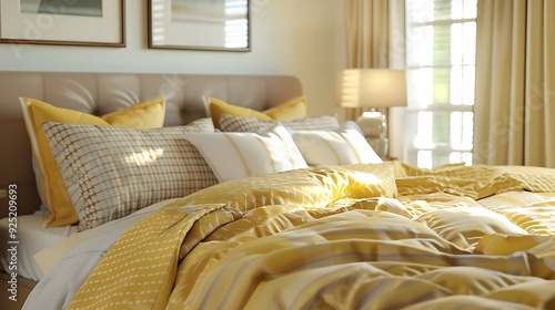 Bedroom interior with yellow themed bed linens photo