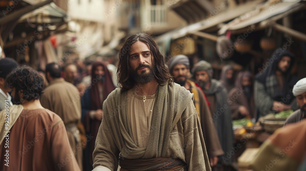 Close-up of Jesus walking through a marketplace, people pausing from their activities to greet him warmly Close-up of Jesus walking through a marketplace, people pausing from their activities to greet him warmly