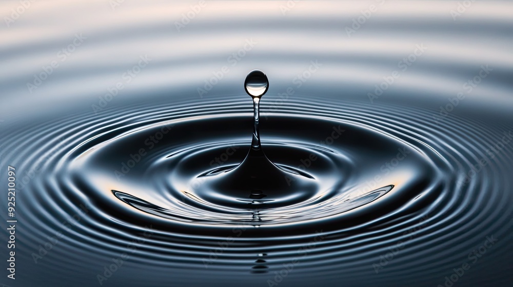 A high-speed capture of a water drop just before it touches the water, with smooth ripples spreading across the surface A high-speed capture of a water drop just before it touches the water, with smooth ripples spreading across the surface