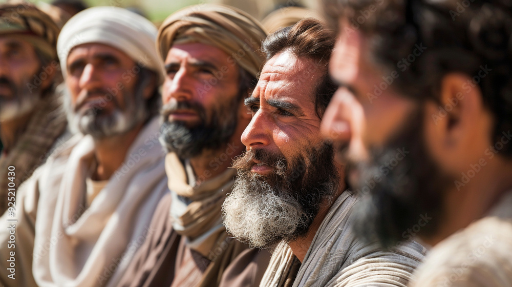 Close-up of Jesus teaching a group of elders, their faces reflecting respect and curiosity as they listen to him Close-up of Jesus teaching a group of elders, their faces reflecting respect and curiosity as they listen to him