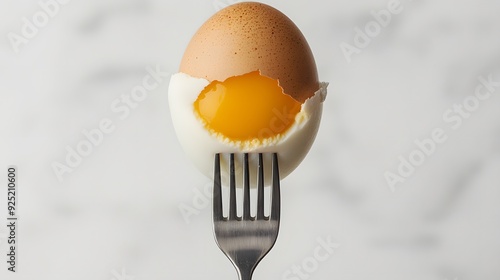 A cracked egg resting on a fork, showcasing the vibrant yolk and creamy white, perfect for culinary or food photography. photo