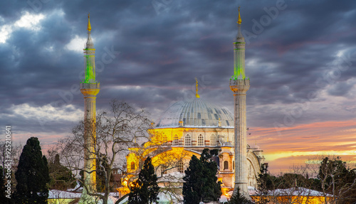 Photography Selimiye Mosque illuminated on a snowy winter day, Istanbul -Turkey
