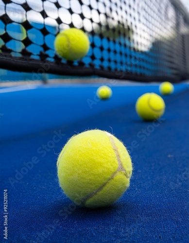 yellow Padel tennis balls on the blue court surface near the net with a focus on the ball and the surrounding