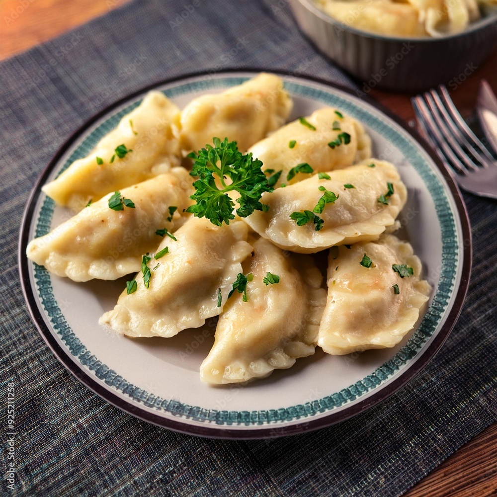 Close-up of a plate of traditional Polish pierogi filled with cheese and potatoes, garnished - traditional polish food Close-up of a plate of traditional Polish pierogi filled with cheese and potatoes, garnished - traditional polish food