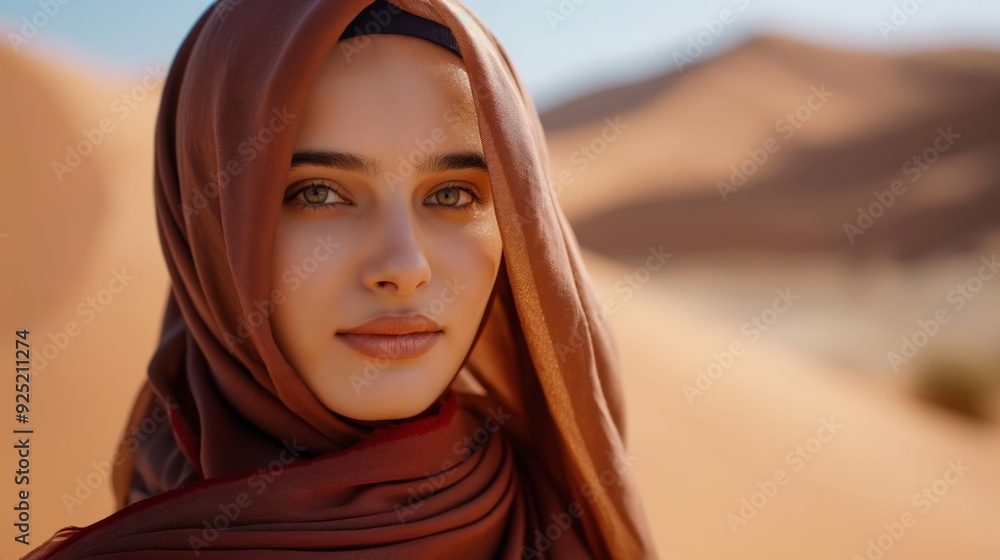 A woman wearing a traditional headscarf stands in a desert, presenting a serene and timeless image amidst the dunes. A woman wearing a traditional headscarf stands in a desert, presenting a serene and timeless image amidst the dunes.