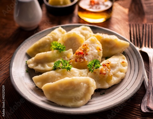 Close-up of a plate of traditional Polish pierogi filled with cheese and potatoes, garnished - traditional polish food