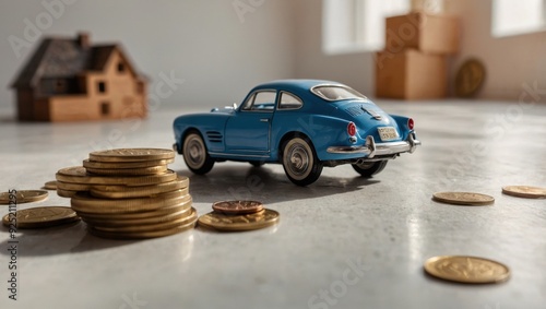 A view of a toy house and a toy car against a light background, with coins lying next to them.