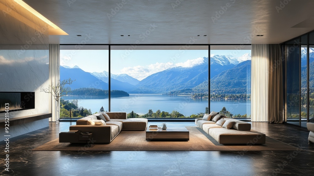 Fototapeta premium A luxurious living room featuring a panoramic view of distant mountains and a tranquil lake, with modern furnishings