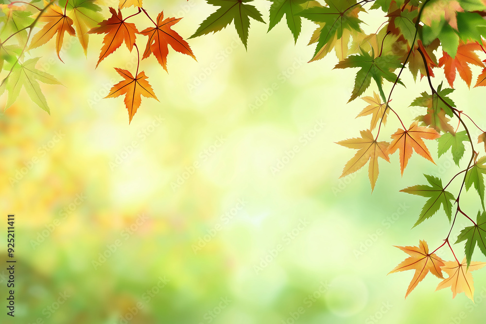 Vibrant autumn leaves transitioning from green to orange on delicate branches, against a soft blurred background, symbolizing seasonal change and natural beauty with ample copy space. Vibrant autumn leaves transitioning from green to orange on delicate branches, against a soft blurred background, symbolizing seasonal change and natural beauty with ample copy space.