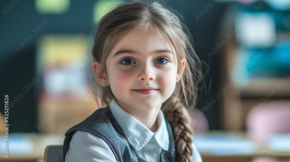 Portrait of smiling young girl in school uniform, radiating confidence and warmth in a bright classroom setting. Education and childhood-themed concept. Portrait of smiling young girl in school uniform, radiating confidence and warmth in a bright classroom setting. Education and childhood-themed concept.