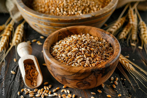 Wheat grains are displayed in wooden bowl next to scoop and wheat stalks on dark table