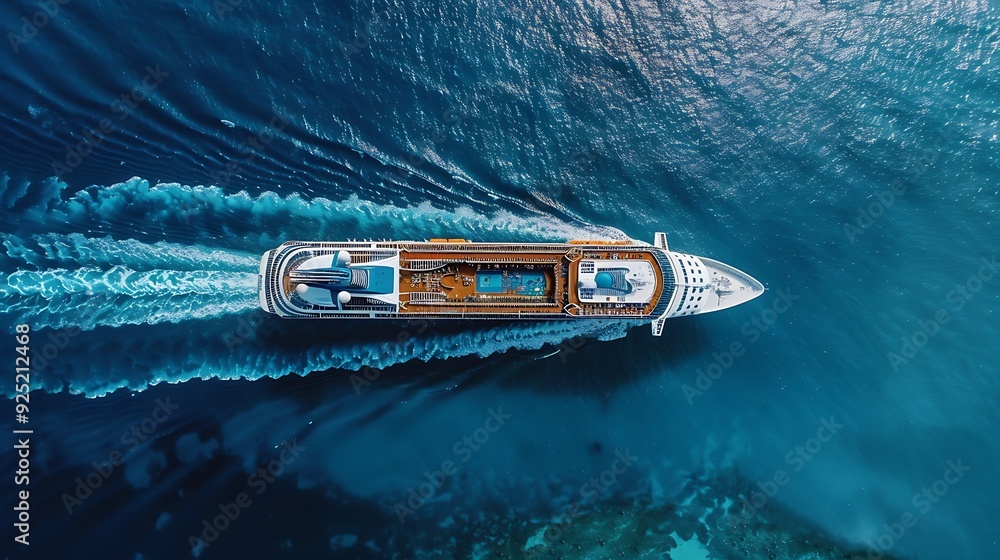 Big cruise ship in the sea seen from above carrying people