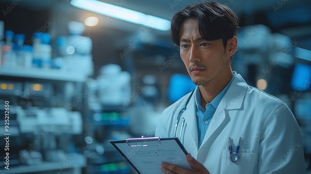 Focused Doctor Reviewing Patient Files in a Modern Laboratory, Surrounded by High-Tech Medical Equipment and Laboratory Tools Focused Doctor Reviewing Patient Files in a Modern Laboratory, Surrounded by High-Tech Medical Equipment and Laboratory Tools