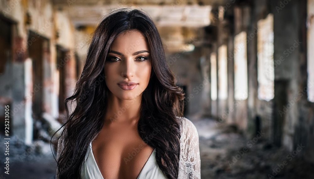 Fototapeta premium pretty goth woman in abandoned factory, AI generated