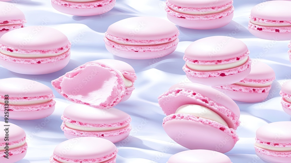 Aesthetic seamless composition of pink macarons in soft pastel hues on a serene blue background with one macaron broken open Aesthetic seamless composition of pink macarons in soft pastel hues on a serene blue background with one macaron broken open