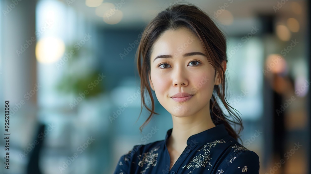 A confident woman in a stylish blouse stands with a serene expression, exuding calm and professionalism in a modern setting with soft daylight.