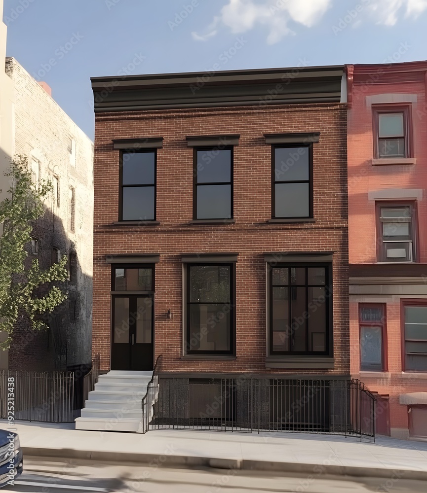 Naklejka premium Brick Townhouse with Black Windows and Steps