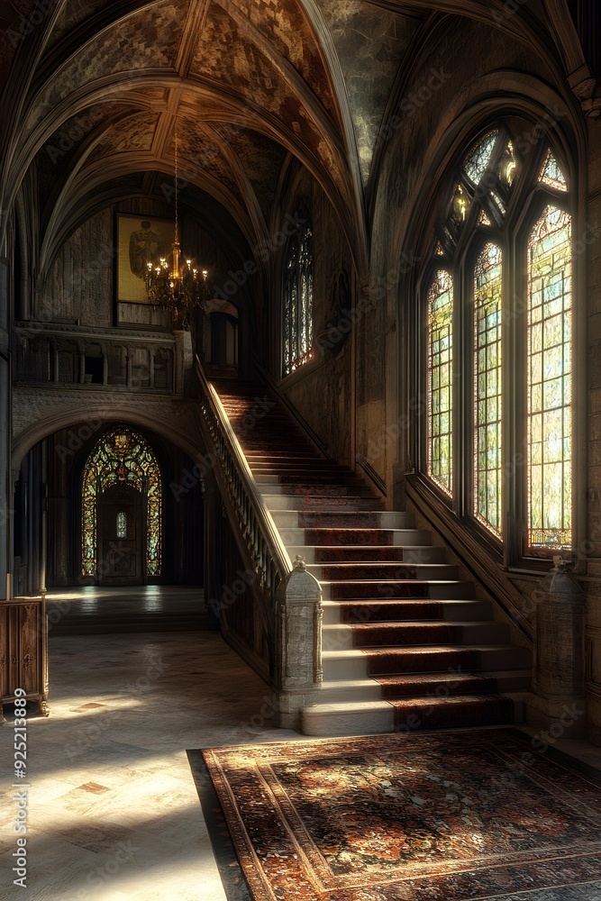 Fototapeta premium Vintage Staircase Interior with Stained Glass Windows