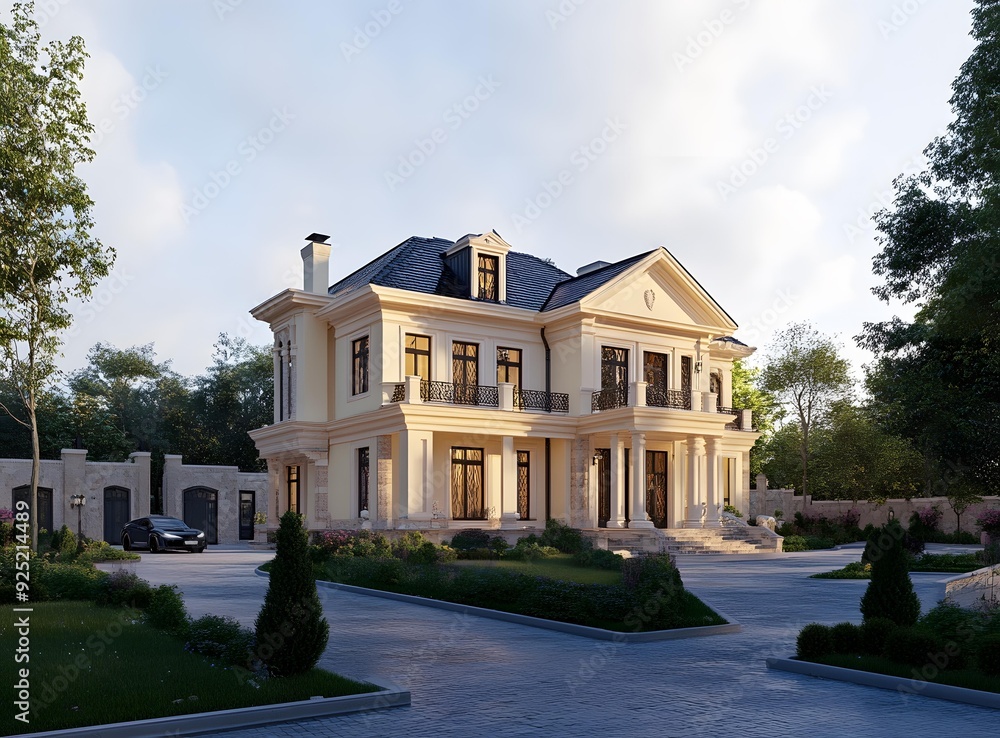Naklejka premium Luxury Mansion with Columns and Stone Facade