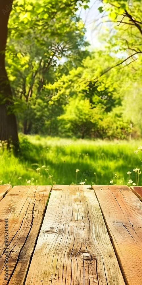 Wooden Tabletop With Blurred Summer Nature Background Wooden Tabletop With Blurred Summer Nature Background