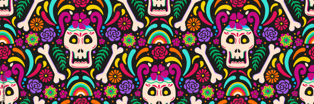 Day of dead sugar skull seamless pattern. Dia de los muertos festive background. Mexican tradition festival. Vector illustration for fabric, wrapping paper, textile and wallpaper. Floral ornament. Day of dead sugar skull seamless pattern. Dia de los muertos festive background. Mexican tradition festival. Vector illustration for fabric, wrapping paper, textile and wallpaper. Floral ornament.