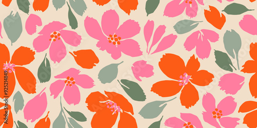 Exotic hand drawn flowers, seamless patterns with floral for fabric, textiles, clothing, wallpaper, cover, banner, interior decor, abstract backgrounds. Vector illustration.