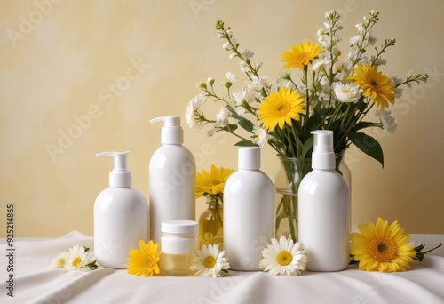 A collection of various skincare and cosmetic products including bottles , jars , and a dropper