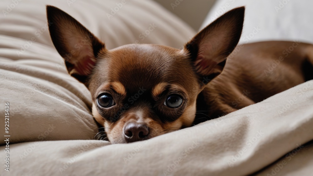 Chocolate smooth coat chihuahua dog lying on bed in the bedroom Chocolate smooth coat chihuahua dog lying on bed in the bedroom