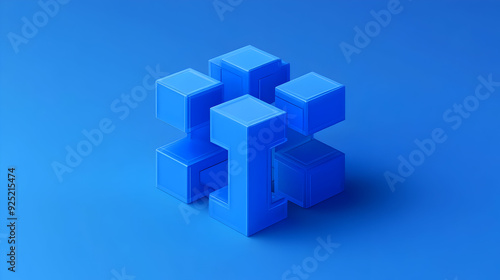 A 3D abstract blue structure composed of interlocking cubes on a blue background.