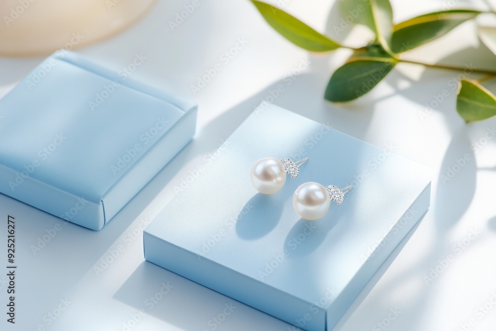 Elegant pearl earrings with diamond accents displayed on a soft blue jewelry box under natural light Elegant pearl earrings with diamond accents displayed on a soft blue jewelry box under natural light