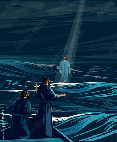 An illustration of Jesus Christ walking on water. His disciples in the boat are looking at Him. Biblical Series.
