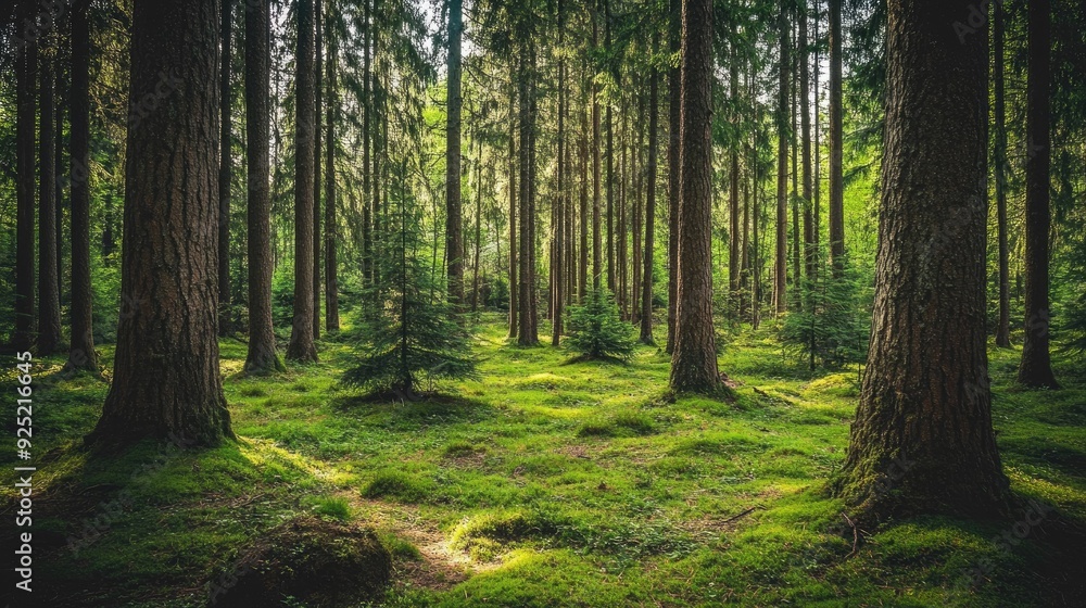 Fototapeta premium A peaceful forest with a mix of pine and spruce trees, offering a natural, tranquil atmosphere