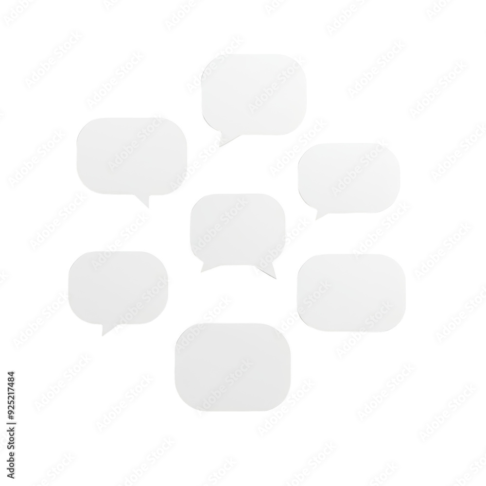 Collection of translucent white speech bubbles arranged on a white background, perfect for communication, dialogue, and minimalist designs.
Collection of translucent white speech bubbles arranged on a white background, perfect for communication, dialogue, and minimalist designs.