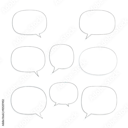 A set of nine empty speech bubbles in different shapes and sizes, outlined in black, isolated on a white background. 