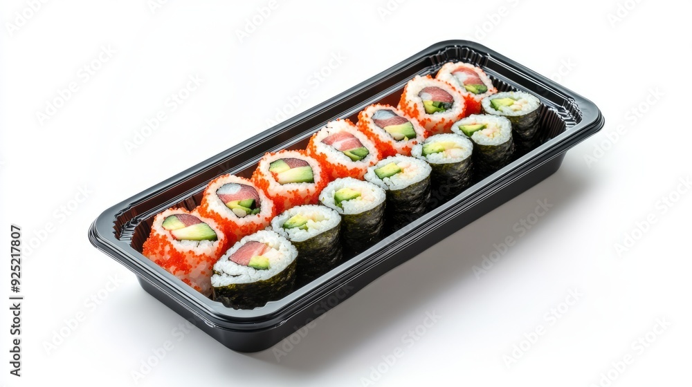 Delicious Sushi Rolls in Black Container - Side View, White Background Delicious Sushi Rolls in Black Container - Side View, White Background