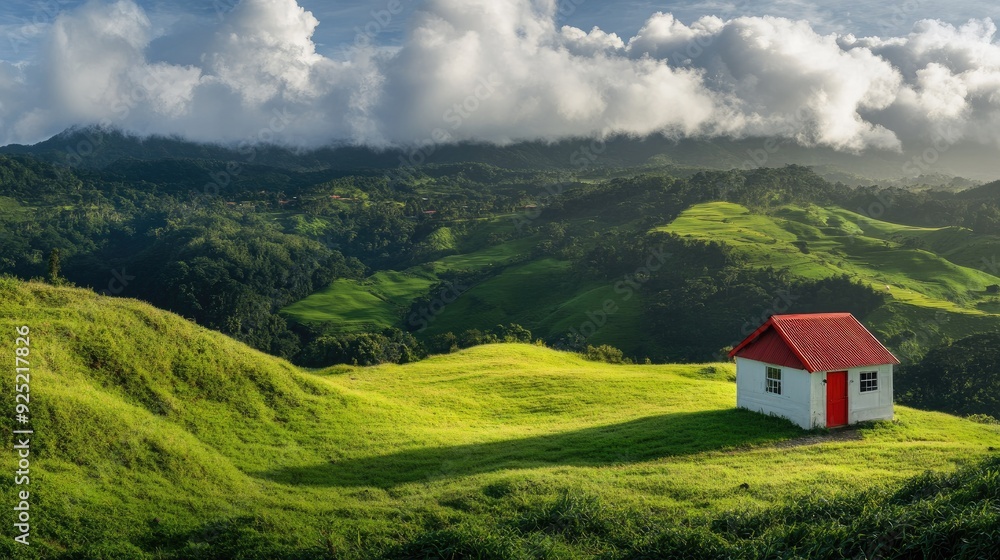A picturesque view of a tiny house with a red door, sitting on a lush, grassy hillside, with rolling clouds in the distance A picturesque view of a tiny house with a red door, sitting on a lush, grassy hillside, with rolling clouds in the distance