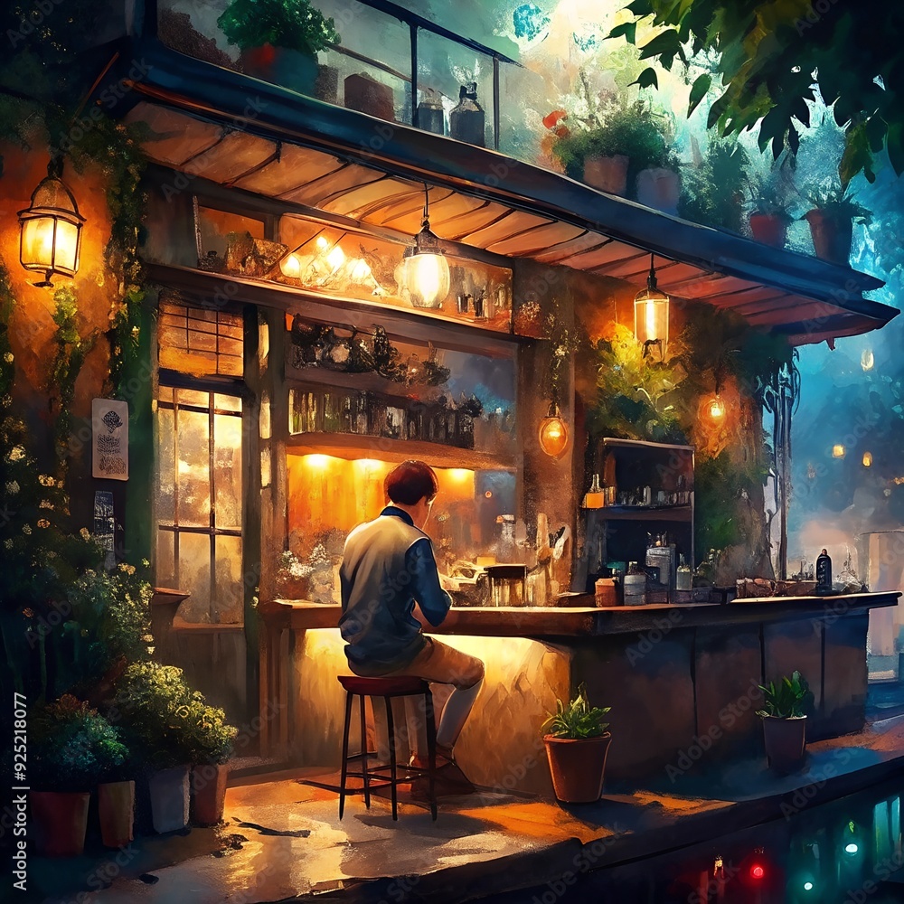 Naklejka premium Evening solitude at a cozy outdoor café surrounded by plants and warm lights