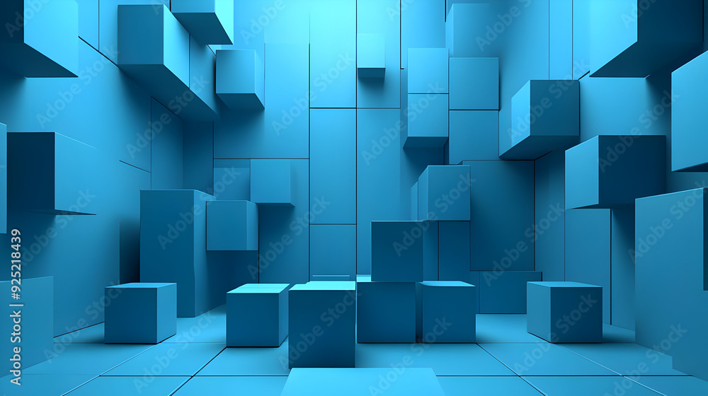 A 3D abstract scene featuring various blue cubes arranged in a modern space. A 3D abstract scene featuring various blue cubes arranged in a modern space.