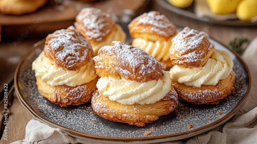 A plate of cream-filled pastries dusted with powdered sugar, ready to be enjoyed as a sweet treat A plate of cream-filled pastries dusted with powdered sugar, ready to be enjoyed as a sweet treat