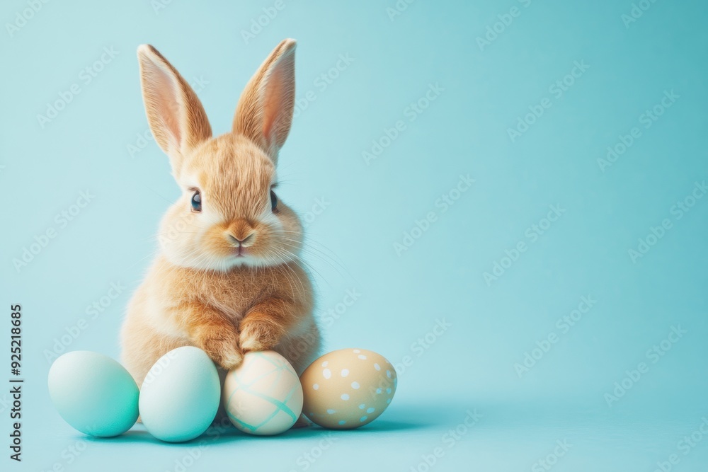 Obraz premium Adorable bunny with colorful easter eggs on blue background