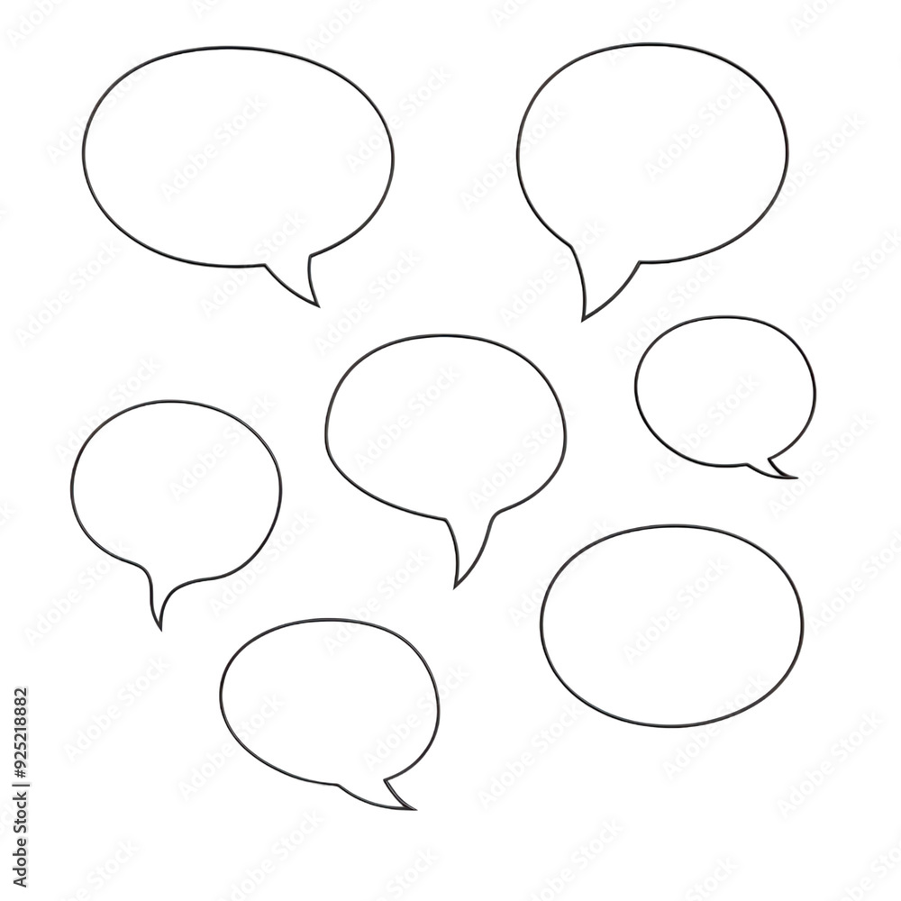 A collection of seven black outline speech bubbles in various shapes and sizes, isolated on a white background, perfect for communication and design projects.
A collection of seven black outline speech bubbles in various shapes and sizes, isolated on a white background, perfect for communication and design projects.