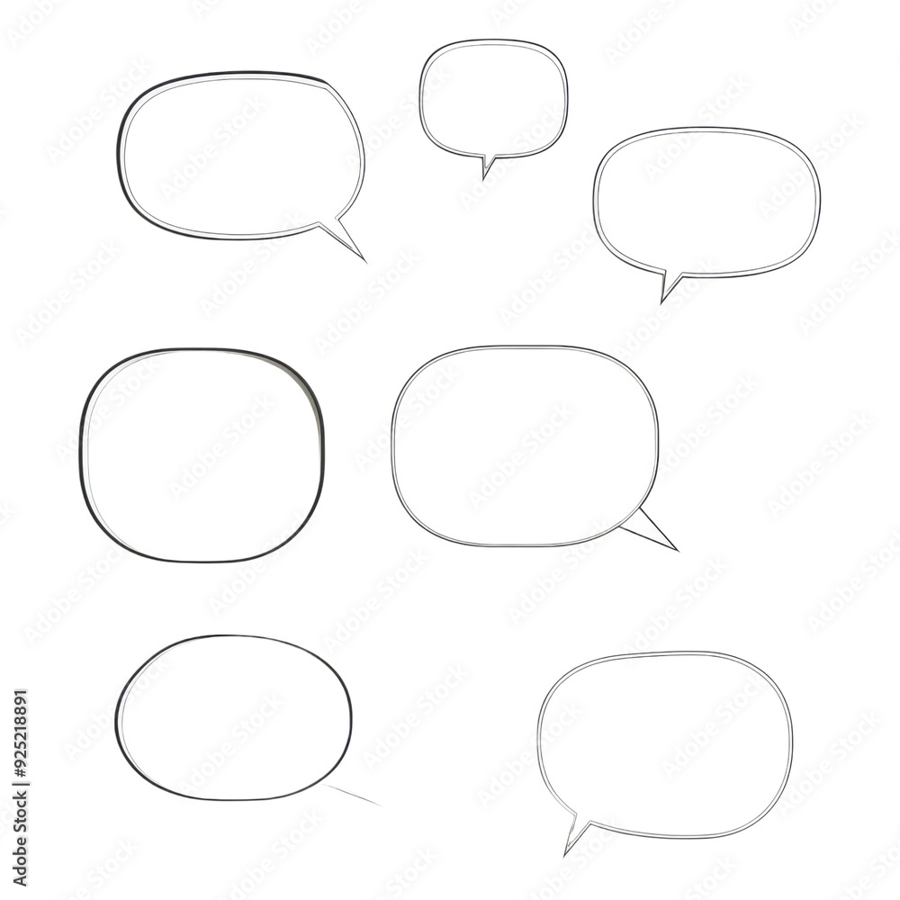 A set of seven hand-drawn style speech bubbles in various shapes and sizes, isolated on a white background, perfect for creative and casual design projects.
A set of seven hand-drawn style speech bubbles in various shapes and sizes, isolated on a white background, perfect for creative and casual design projects.