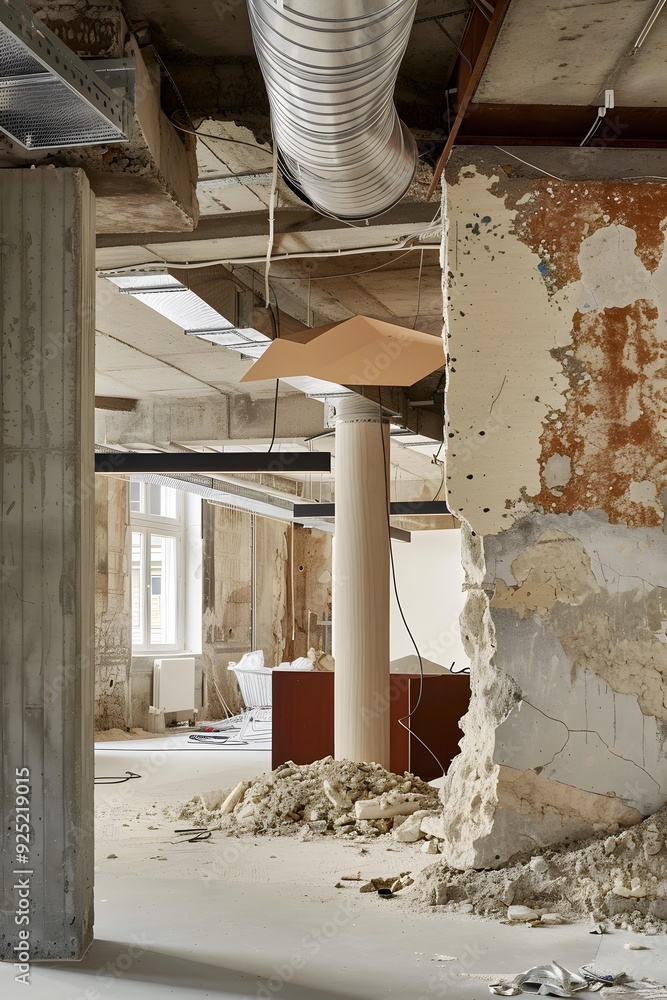 Obraz premium Under Construction Interior Design of an Old Building with Wires and Pipes