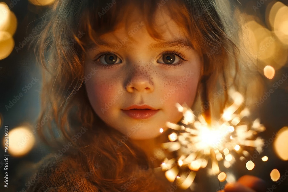 A young child joyfully holding a sparkling sparkler amidst a background of bright, warm lights during a festive celebration at night A young child joyfully holding a sparkling sparkler amidst a background of bright, warm lights during a festive celebration at night