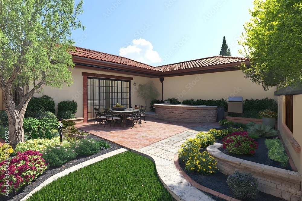 Obraz premium Backyard Patio Design with Stone Wall and Outdoor Kitchen