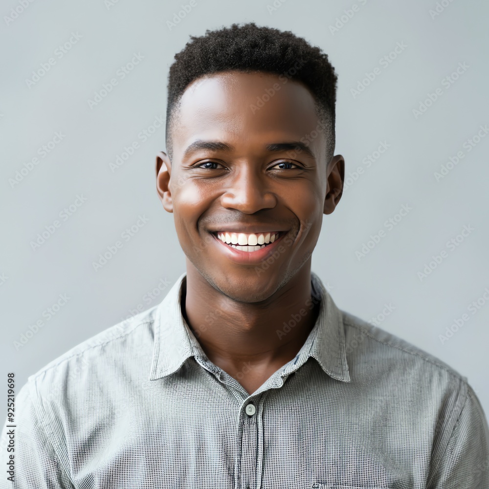 Obraz premium This headshot features a cheerful and striking young African man, showcasing a front portrait. He embodies the essence of a happy and appealing male entrepreneur, a leader in the startup scene, casual