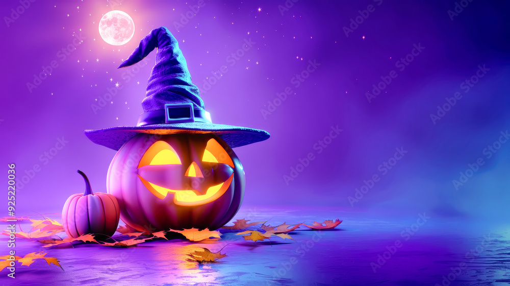 Fototapeta premium A whimsical Halloween pumpkin with a witch hat shines brightly against a purple background, creating an enchanting atmosphere perfect for festivities